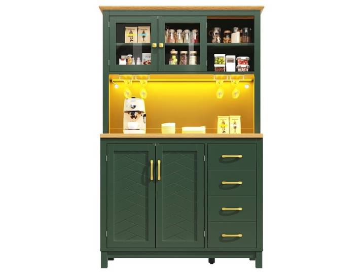Armoires Cuisine Buffet Haut Vaisselier avec 4 Portes Meuble Cuisine Rangement 4 Portes Style Campagnard 105.5x40x180cm Vert