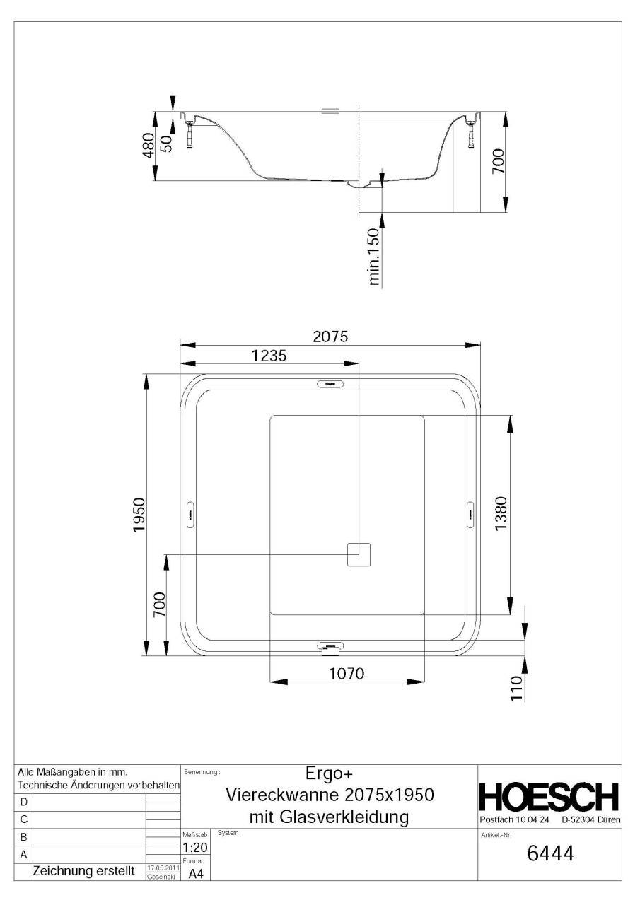 Hoesch Badewanne Ergo+ Quadrat 2075x1950 freistehend Weiss/Chrom/Glas Weiss 6444.010305550