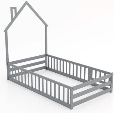 Costway Twin Size Montessori Floor Bed with Lockable Door and Full-Length Guardrail-Gray