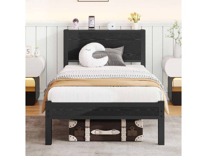 Lit simple - YEHTOKHOME - Structure 90x200 - Tête de lit rangement - Sommier à lattes - Métal/MDF noir