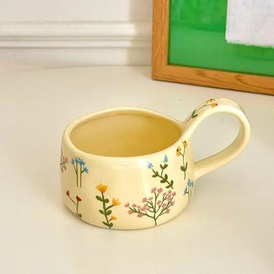 Uplifted Goods Cream Flower Ceramic Mug d 10.1 Oz.