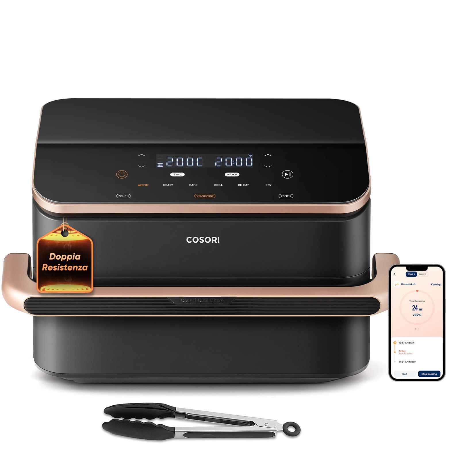 Cosori Dual Blaze Twinfry Chef Edition Doppel Heißluftfritteuse 10 l 2800 W (Dunkles Grau, Roségold) KAAPAFCSSEU0204Y