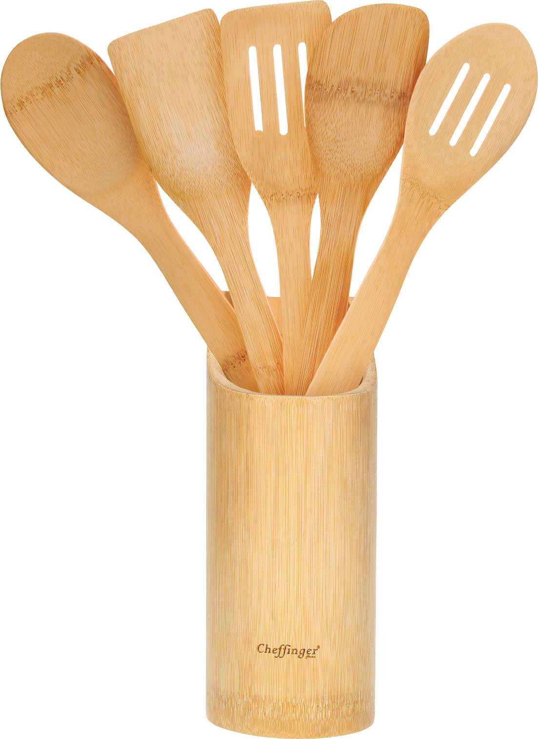 Cheffinger bamboe spatelset voor de keuken met bestekhouder, bruin/beige