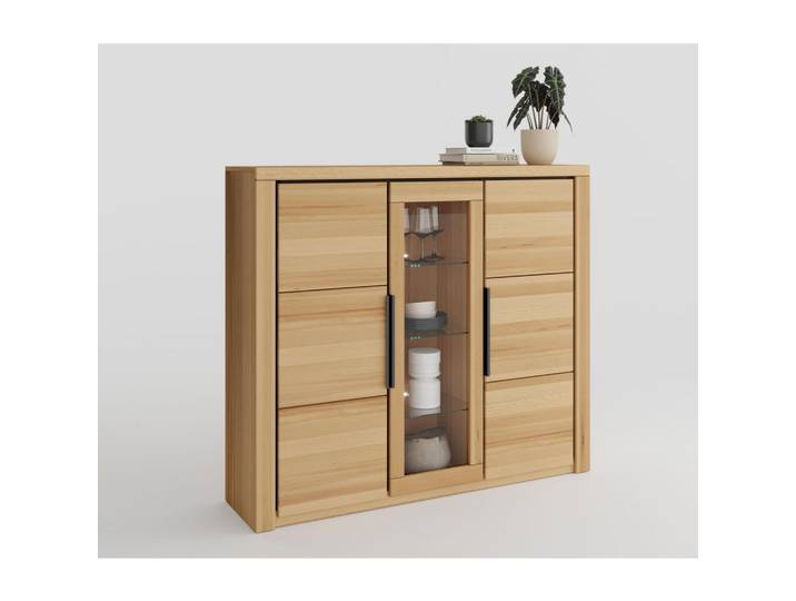 Mid.you Highboard Brunei, Buchefarben, Kunststoff, Buche, massiv,vollmassiv, 9 Fächer, 160x141x40 cm, Holzmöbel, Kommoden Holz, Highboards Holz