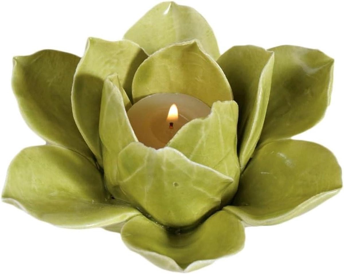 Theelichthouder Lotusbloem - Groen Keramiek met Krakeldeffect - 15 x 8 cm