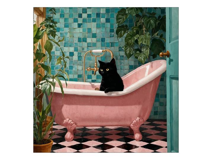 Glasbild Cat In The Bathtub Floatglas Schwarz/Pink/Türkis 30 x 30 x 1cm