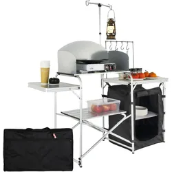VEVOR Campingküche Outdoor Faltbar 78 x 49 x 13 cm, Alu Campingschrank, Camping Küche mit Windschutz, Campingmöbel Reiseküche inkl. Haken & Lampenmast 66-121 cm, Küchenschrank Campingtisch Reisen