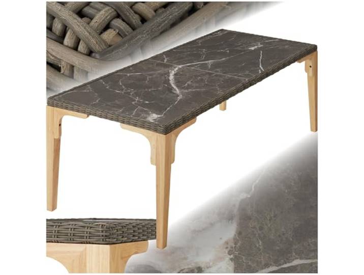 tectake® Alu Rattan Tisch, Esstisch für Outdoor Küche, Terrasse, Wohnzimmer mit Tischplatte in Marmor Optik, Gartentisch, Balkontisch 196 x 87 x 76 cm, 2 abnehmbare Platten, wetterfest - Natur