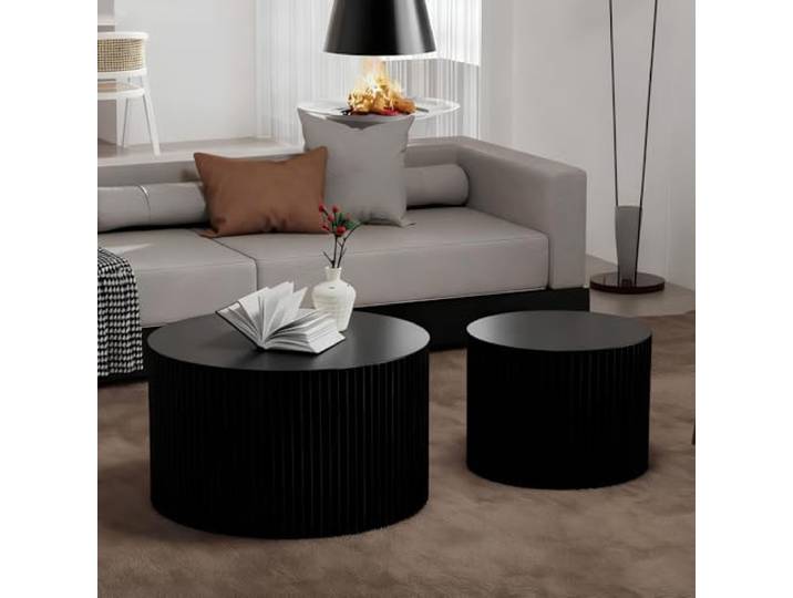 SOUWOFS Couchtisch Rund 2er Set, Satztisch Wohnzimmertisch, Schwarz 70x70x40cm, 50x50x35cm, Modern Kaffeetische, Beistelltisch aus Holz, Für Wohnzimmer Balkon Büro