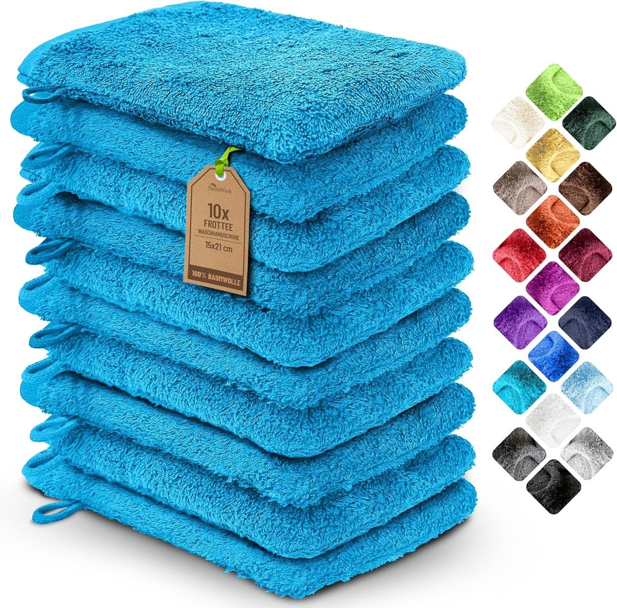 Set van 10 badstof washandjes voor volwassenen - 100% katoen - Turquoise
