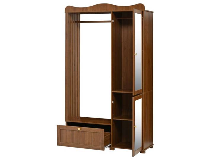 Armoire de chambre MDF décor noyer avec miroir plein pied penderie ouverte 2 portes et tiroir