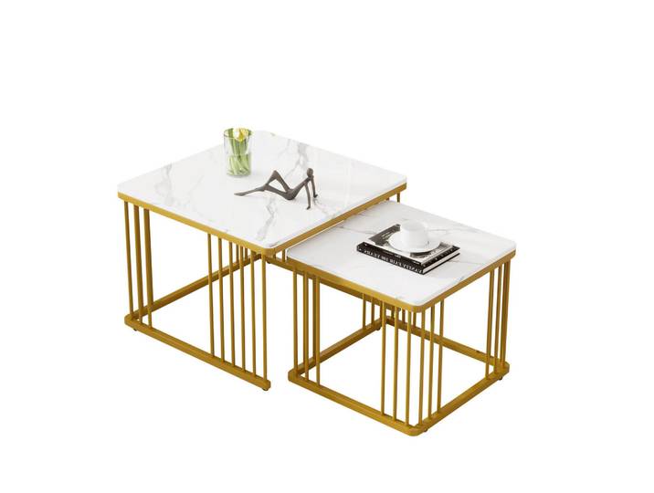 Redom Couchtisch-Set 2-teilig, Marmoroptik Hochglanz, ineinander schiebbar, 60/60/45 + 45/45/40 cm, Weiß, 60x45x60 cm, Wohnzimmer, Wohnzimmertische, Couchtische