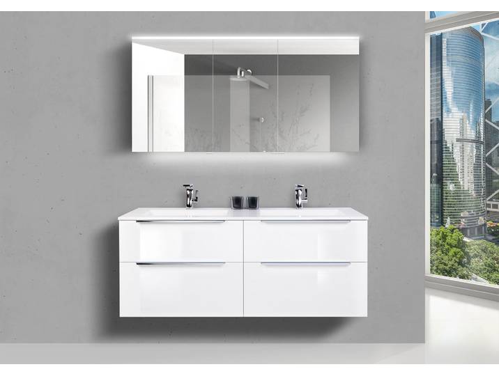 Doppelwaschtisch 140 cm Badmöbel Set SKY, mit Led Spiegelschrank, Weiß Hochglanz Lack