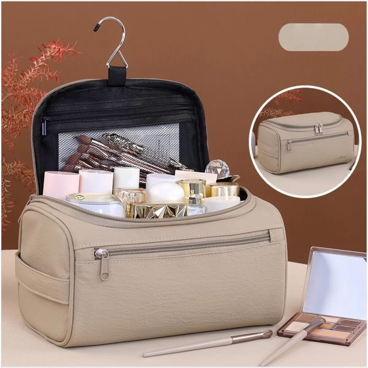 INF Hängende multifunktionale Kulturtasche — Tragbarer Polyester-Reise-Make-up-Organizer mit großem Fassungsvermögen, mehreren Khaki
