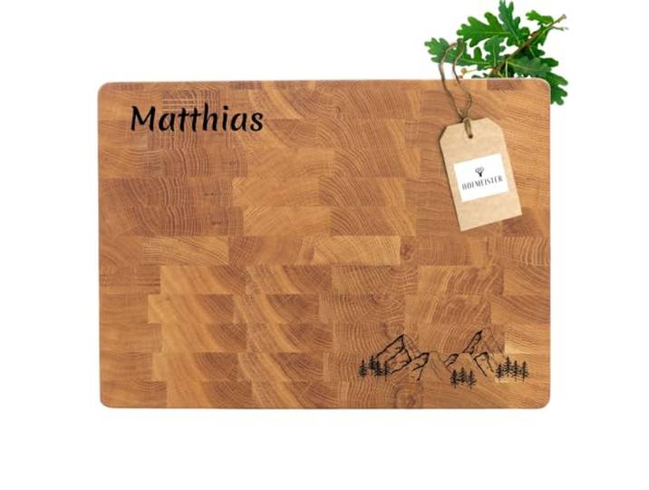 HOFMEISTER® Hackblock Eiche mit Gravur – personalisiertes Schneidebrett Stirnholz, Butcherblock mit Name und Motiv, Handarbeit (1 Stück)