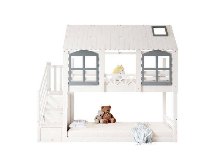 Odikalo Etagenbett Kinderbett Dach Fenster Fallschutzgitter Schließfächer Treppe 90x200cm