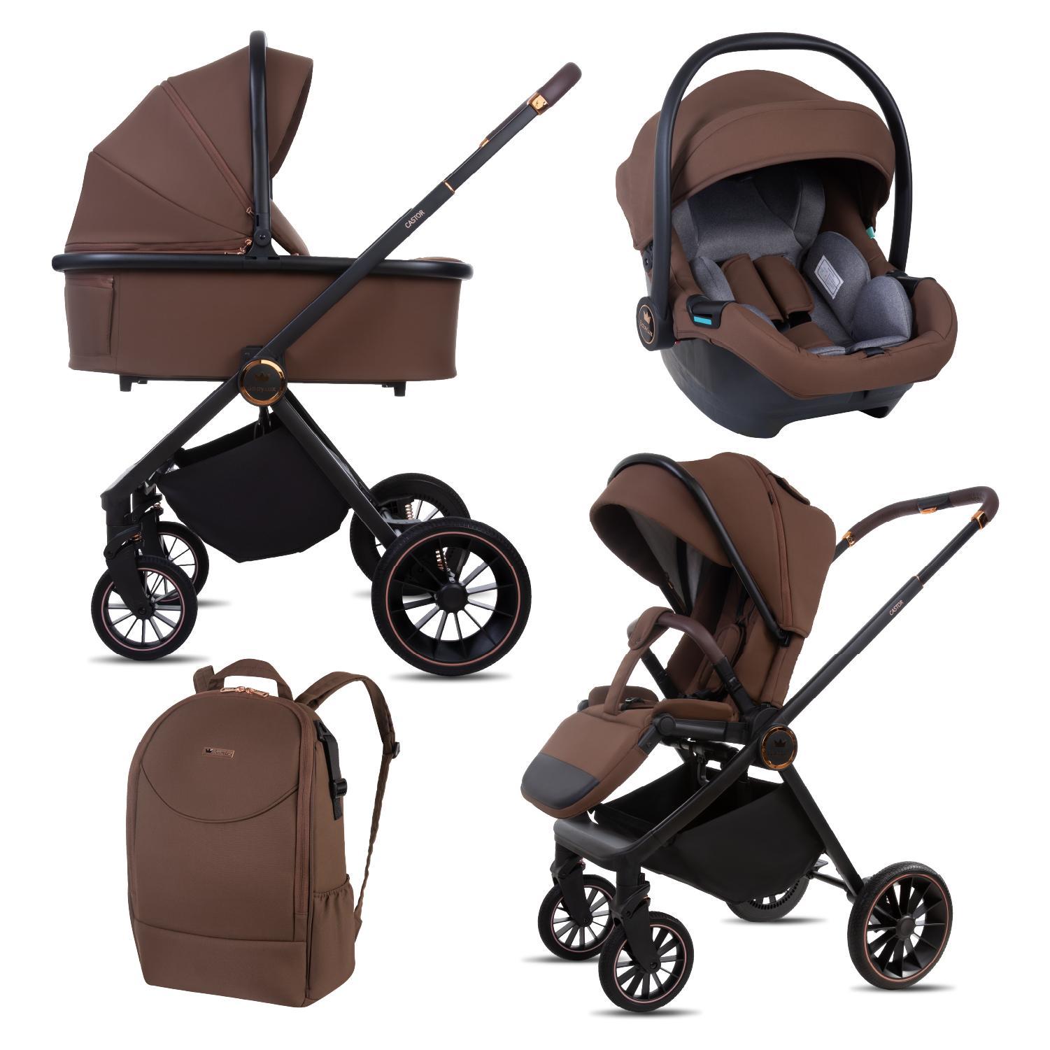 BabyLux Kinderwagen 3in1 Set CASTOR, Faltbar Leicht Kombikinderwagen Set incl. Babywanne, Buggy Sportsitz, Babyschale i-Size, Wickeltasche und mehr Zubehör, 4 Liegepositionen, 0-22kg, UV Schutz 50+