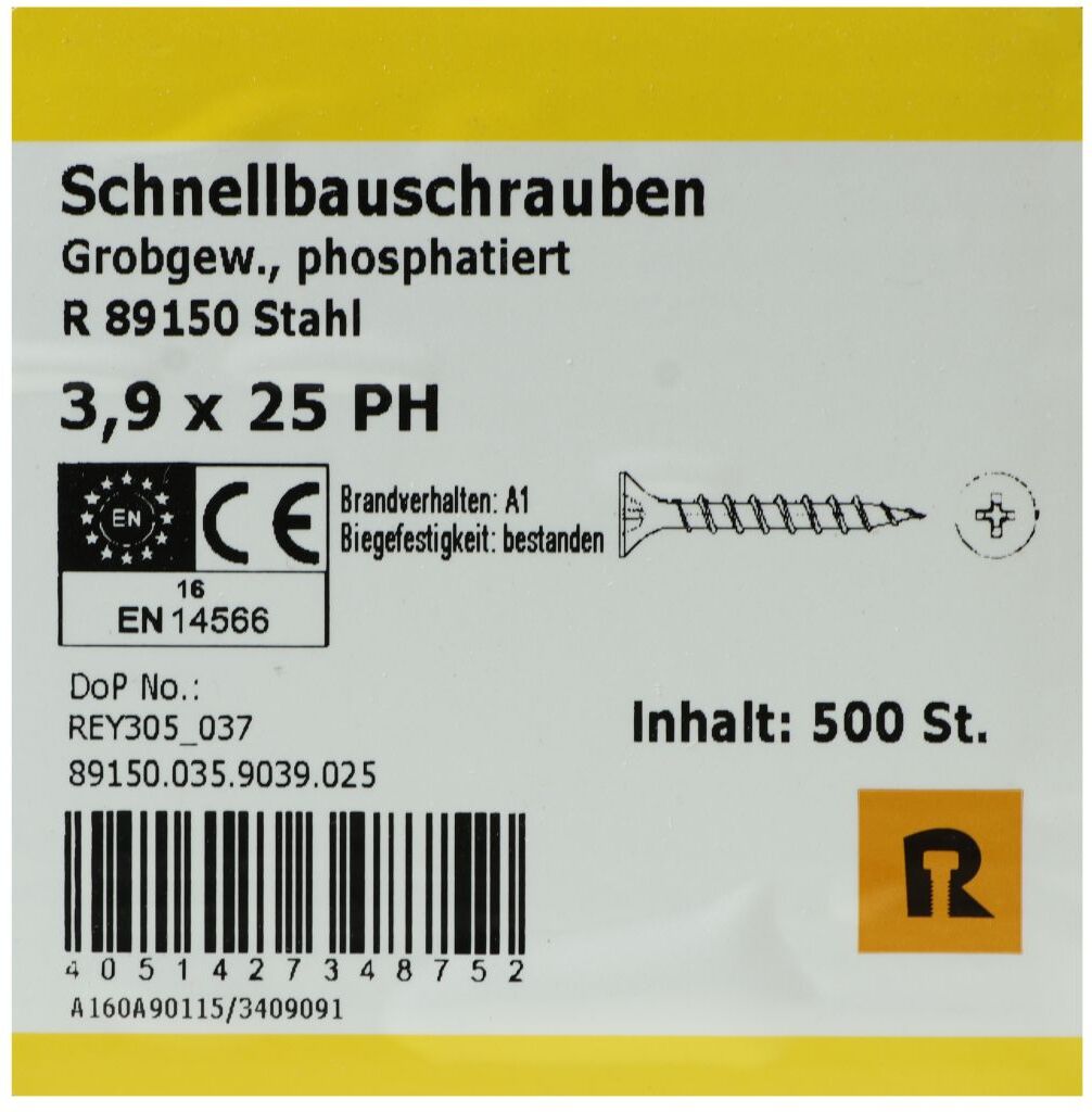 REYHER Schnellbauschrauben für Holz auf Holz, Grobgewinde, PH2, 3,9 x 25 mm, 500 Stück