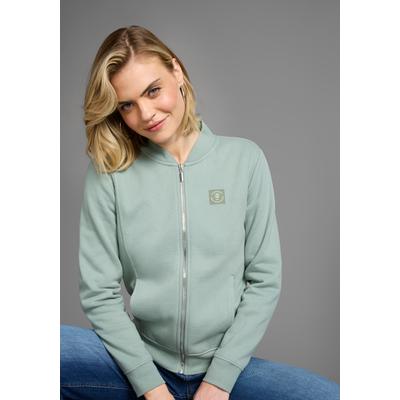 Sweatjacke DELMAO, Damen, Gr. 44/46, grün (mint), angeraute Sweatware, Obermaterial: 80% Baumwolle, 20% Polyester, unifarben, figurbetont hüftlang, Rundhals, Rippbündchen, Sweatjacken Sweatjacke, in modischer Bomberjacken-Form