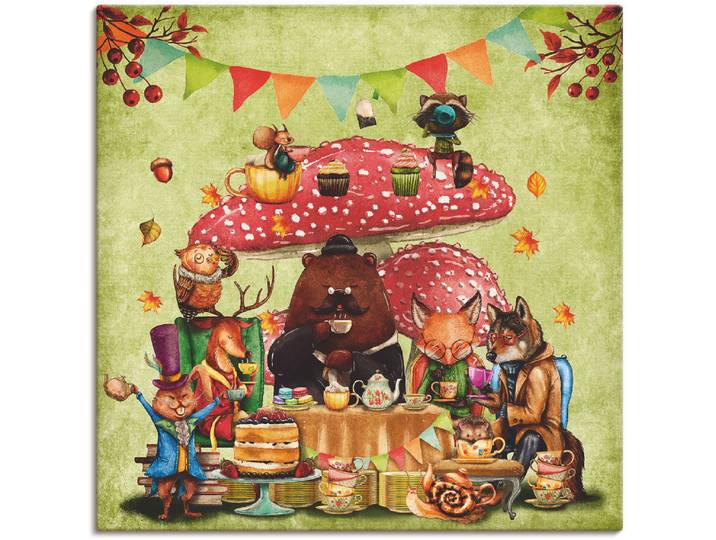 Leinwandbild ARTLAND Wald Freunde Fliegenpilz Teetrinken , grün (farbe bild(er): grün), B:100cm H:100cm, Bilder, Leinwandbild, auf Holzrahmen gespannt