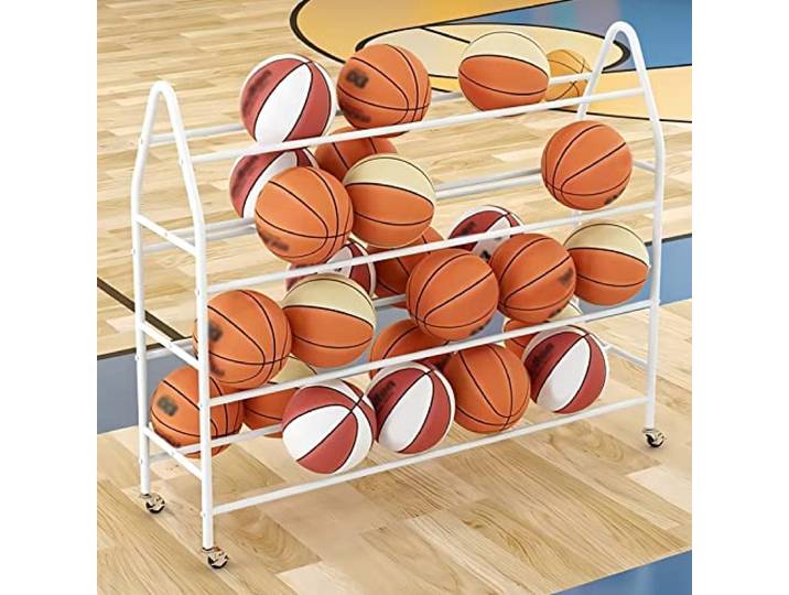 Basketbal Aufbewahrung Regal Ballwagen 4 Etagen Fußballregal Mit Rollen Sportsbälle Kapazität Ball Organizer Platzsparend Für Sporthallen Basketball Fußball(White,97cm)