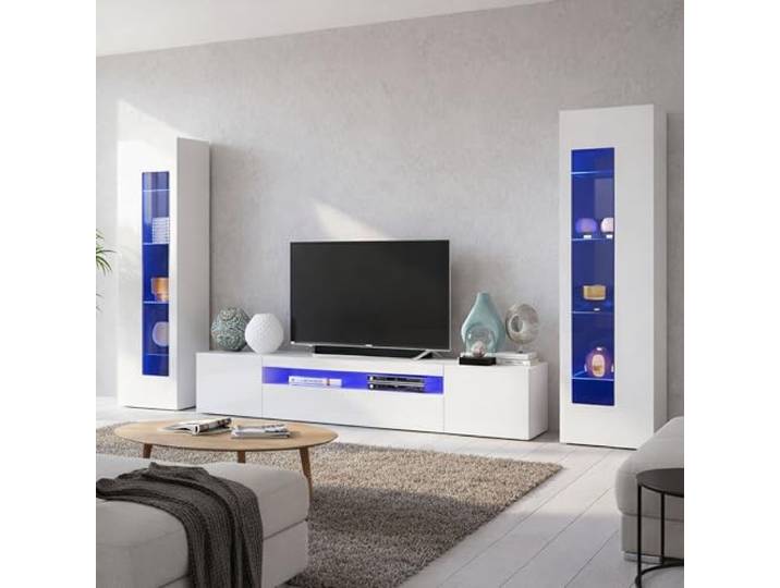Dmora - Ausgestattete Wand Enzo, TV-Ständer-Wohnzimmerset, Mehrzweck-Wohnzimmermöbel, 100 % Made in Italy, 290 x 40 x 162 cm, glänzendes Weiß,