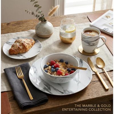 Safdie & Co. 16-Piece Marble Porcelain Dinnerware Set for 4, White and Grey Modern Dish Set with Dinner Plates, Side Plates, Bowls, and Mugs