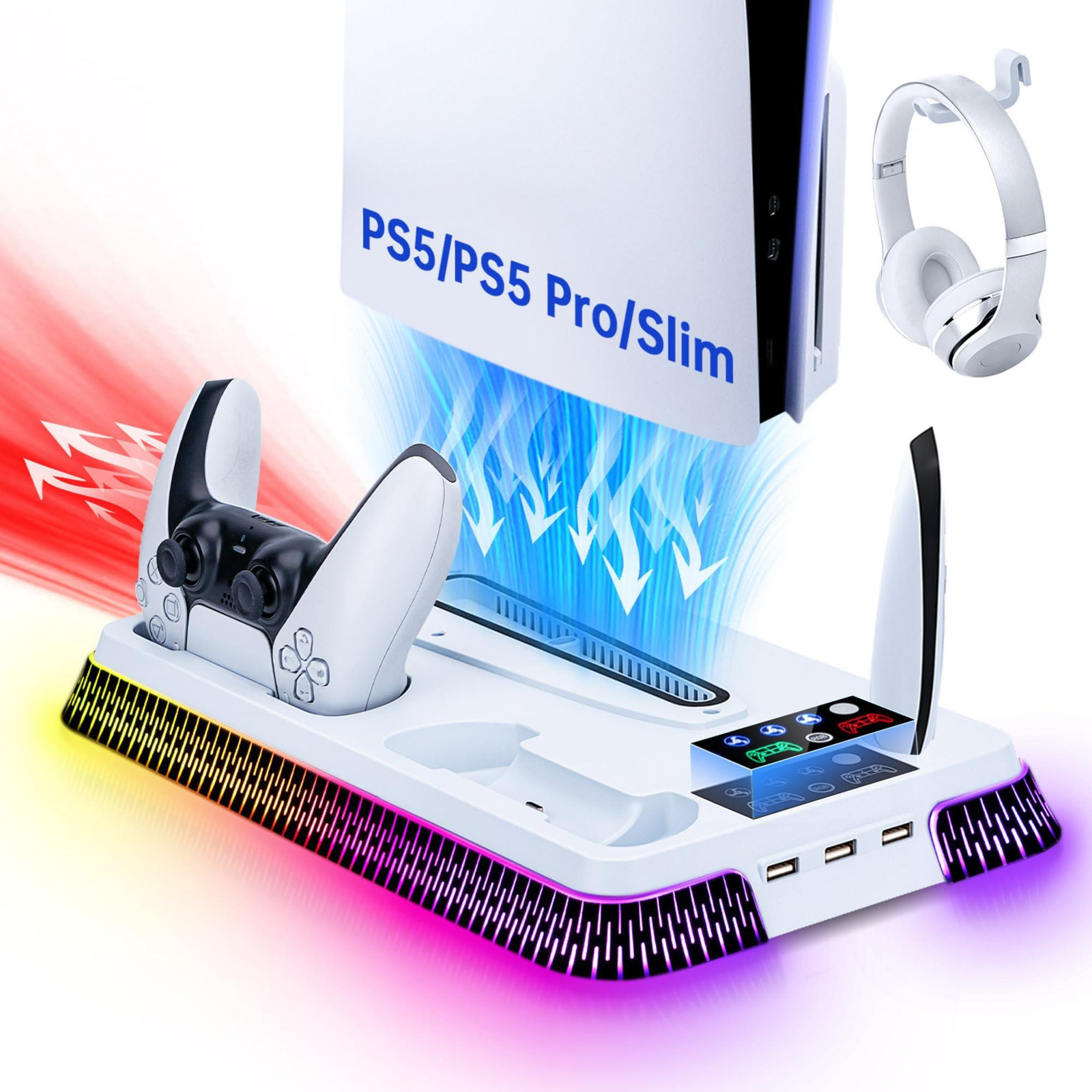 TOLESUM PS5-standaard met ventilator, controller-oplaadstation en RGB-verlichting, wit