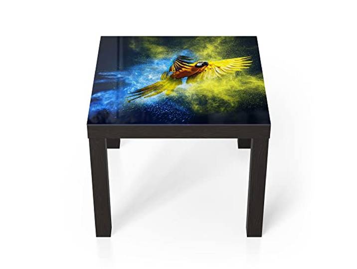 DEQORI Glastisch schwarz klein 55x55 cm Motiv Papagei in Farbwolke ausgefallener Beistelltisch aus Glas Hochglanz Couchtisch fürs Wohnzimmer moderner Couch Tisch mit Design