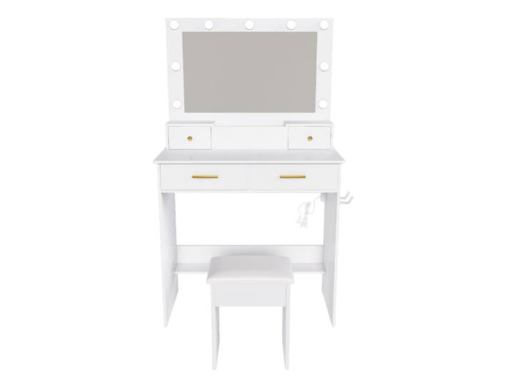 Coiffeuse blanche avec miroir hollywoodien à ampoules LED et tabouret