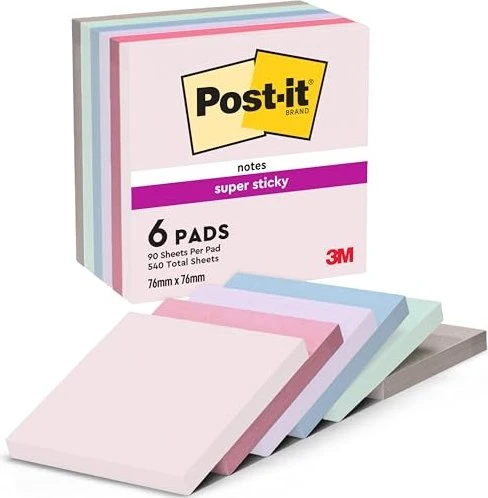 Post-it Super Sticky Notes Soulful Collection Haftnotizen extrastark farbsortiert, 6 Blöcke, 7,6 x 7,6cm
