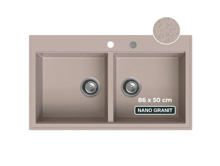 SINK QUALITY Doppel Spülbecken biege 86x50 cm, Doppelspüle mit Siphon und Imprägniermittel, Granitspüle 2 Becken - Küchenspüle ab 85er Unterschrank