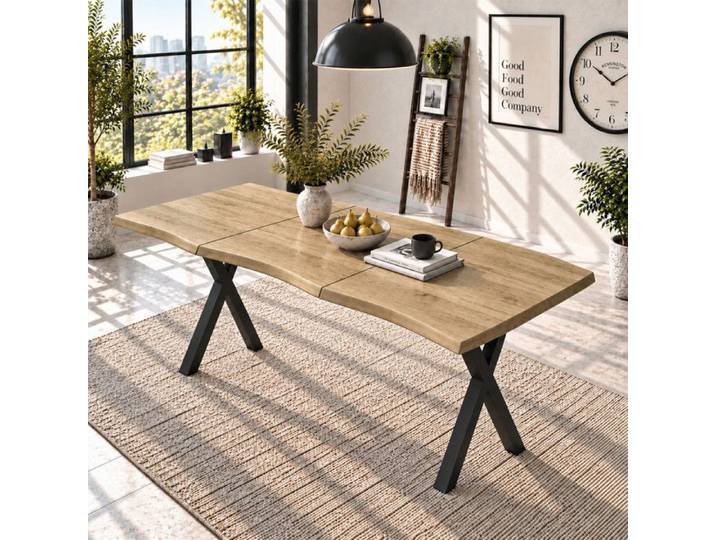Table a manger 160x78x75cm avec plateau de ondulé et plateau épaissi pieds en fer en forme de X Bois