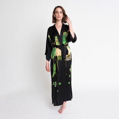 KIM + ONO Hand-Painted Crane Long Silk Kimono Robe   KIM+ONO - black (final sale) / one size