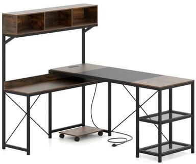 Costway L-Shaped Computer Desk with Power Outlets 62 Inches Corner Desk with Storage Hutch-Brown