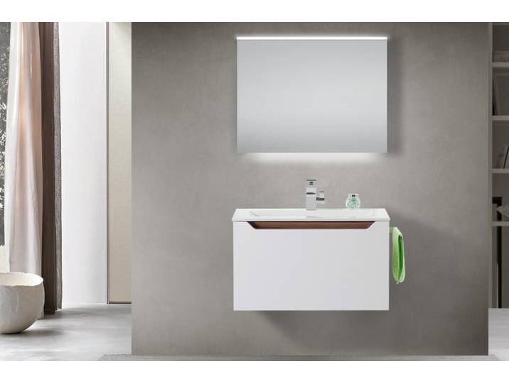 Design Badmöbel Set Waschtisch Griffleiste Halifax Eiche Tabak