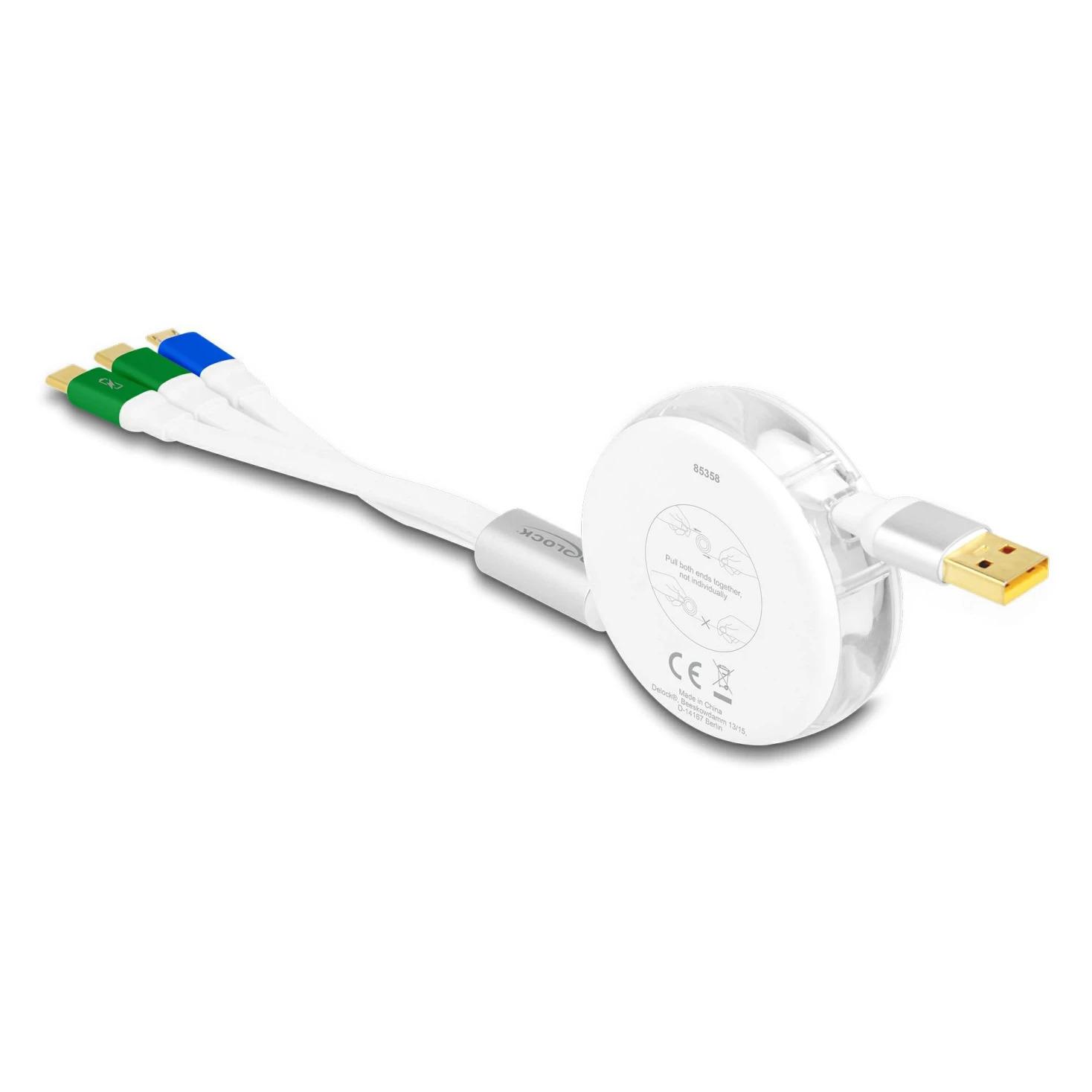 Delock USB 7,60cm (3"") 1 Aufrollladekabel Typ-A zu Micro USB / 2 x USB Type-C mit Schnellladefunktion wei (1.13 m, USB 2.0, 10 W) (85358)