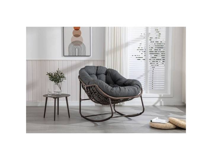 Fauteuil à Bascule en Rotin Design Œuf - XL - Coussin Épais Gris Foncé - Structure Acier Robuste - Gris Foncé