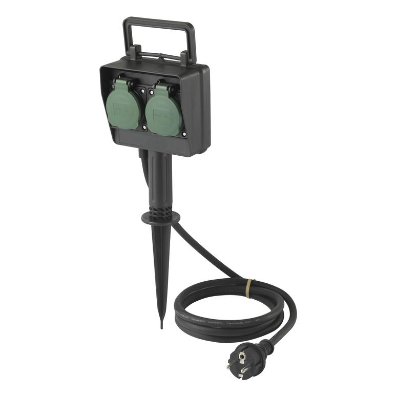 Sygonix SY-5231004 Gartensteckdose 2fach Schwarz, Standard-Grün (seidenmatt) er (2x, CEE 7/4, 1.80 m) (SY-5231004)