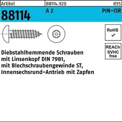 Schraube R 88114 diebstahlh. Liko ISR Zapfen 3,5x 19 A 2 100 Stück