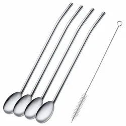 Westmark Trinkhalmlöffel, 4 Löffel + 1 Reinigungsbürstchen, Wiederverwendbar, Rostfreier Edelstahl, Silber, 62712260