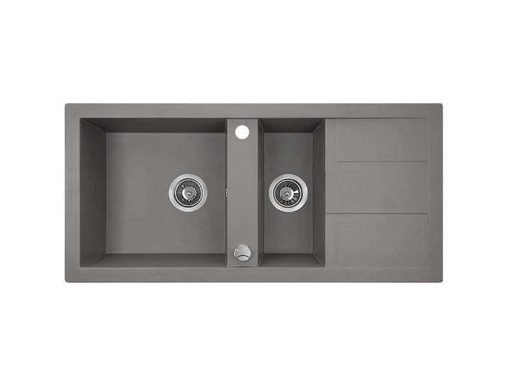 KOLMAN Küchenspüle Doppelbecken Barbados Granitspüle, Rechteckig, 48/100 cm, Grau, Space Saving Siphon GRATIS