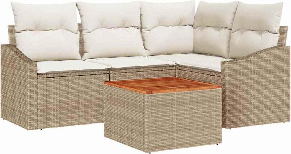 Gartenmöbel-Set, modular, 4 Sitzplätze, Poly-Rattan & Akazienholz, UV-beständig, wetterfest, mit Stauraum & wasserdichtem Beutel, Beige & Creme