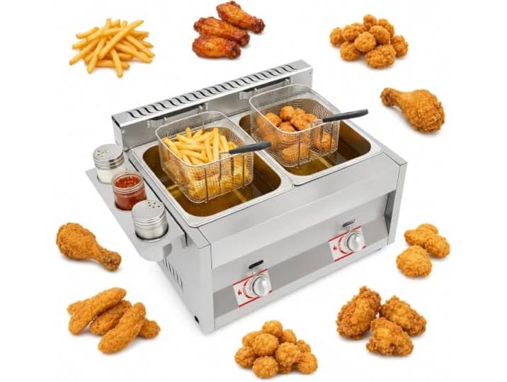 60.3x46x33.5CM Gasfritteuse, Gewerbliche Doppeltank Edelstahl Profi Gastro Fritteuse mit Filterkörben Deckel Kaltzonen für Restaurant Snackbar Imbiss Küche