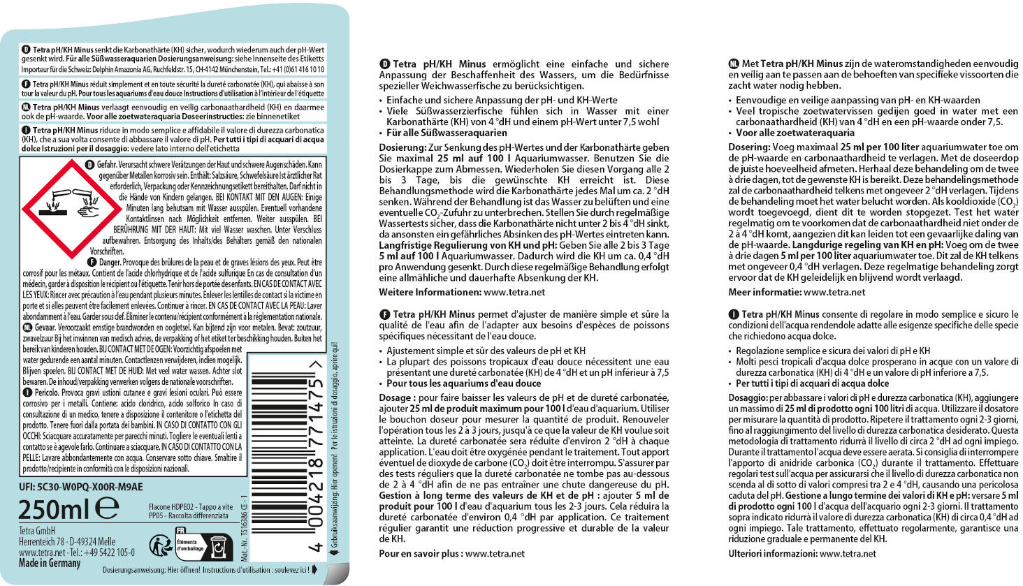 250 ml Tetra pH/KH Minus Riduce il Valore del pH e della Durezza Carbonatica KH in Tutti gli Acquari di Acqua Dolce