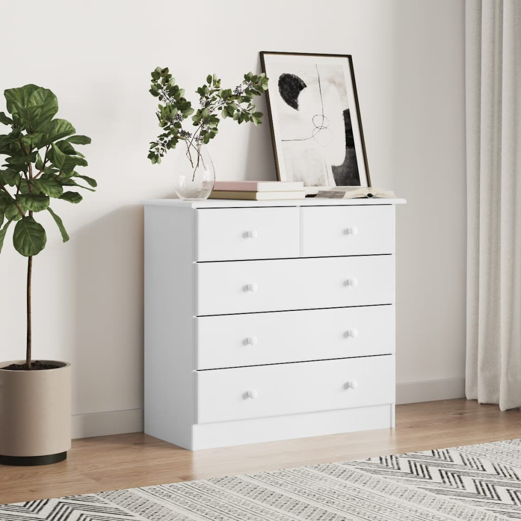 Ebern Designs Mamon Solid Wood 77 cm W Chest of 5 Drawers White 73cm H X 77cm W X 35cm D