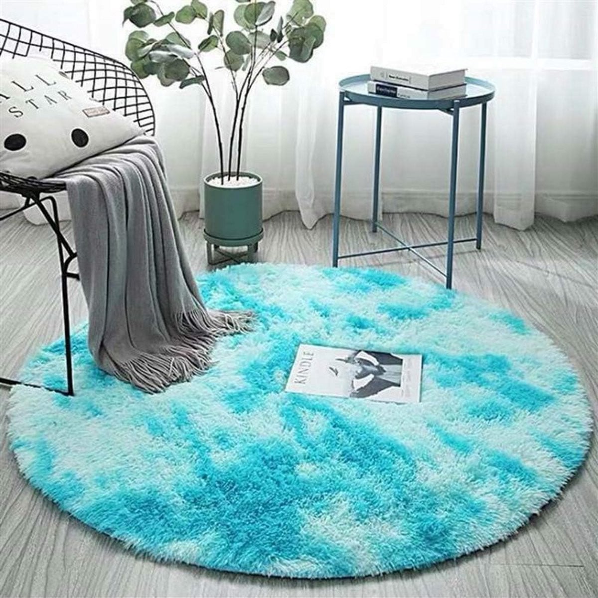 Blauw Rond Shaggy Vloerkleed met Hoogpolig Pluche en Antislip Onderkant