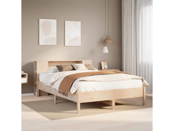 WDGJJFECNMUEHI Massivholz Kiefer mit Bücherregal Lattenrost Braun 135x190cm Massivholzbett mit Regal ohne Matratze 135x190 cm Kiefer Bettgestell mit Buecherregal Kopfteil Stabil Stauraum Lattenrost
