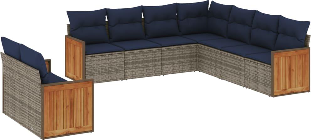 9-teiliges Gartensofa-Set mit Kissen, grau, Polyrattan