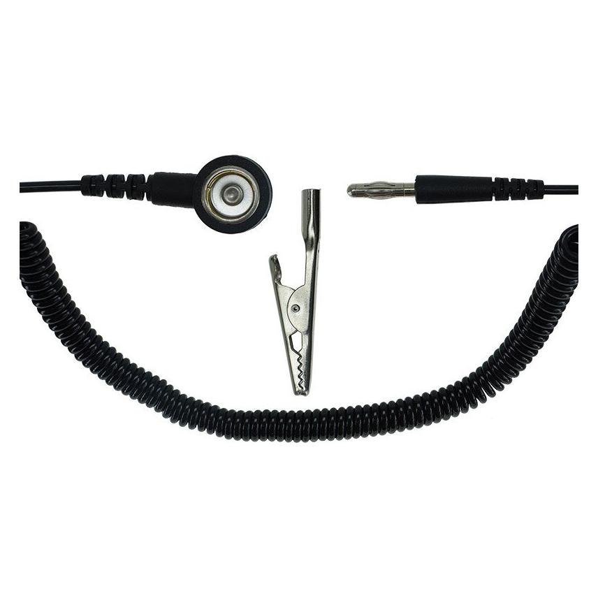 Safeguard ESD-Spiralkabel, 1 MOhm, schwarz, 3,6 m, 10 mm Druckknopf, Bananenstecker, Krokodilklemme (SG-SK-10DK-BA-SCH-3600MM-1MOHM)